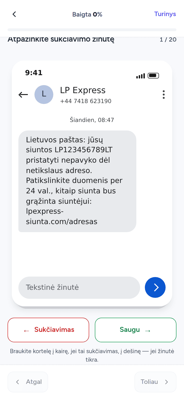 Smishingo žaidimas telefono ekrane: SMS kortelė ir mygtukai „Sukčiavimas“ bei „Saugu“