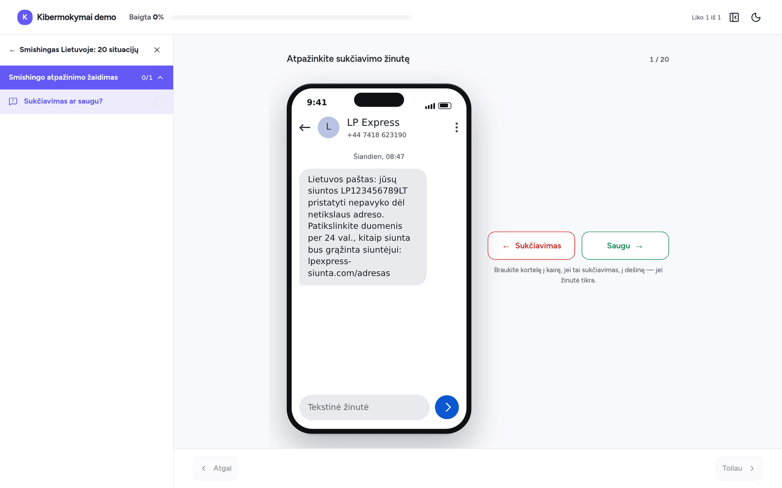 Smishingo žaidimas: SMS žinutė telefono kadre ir mygtukai „Sukčiavimas“ / „Saugu“