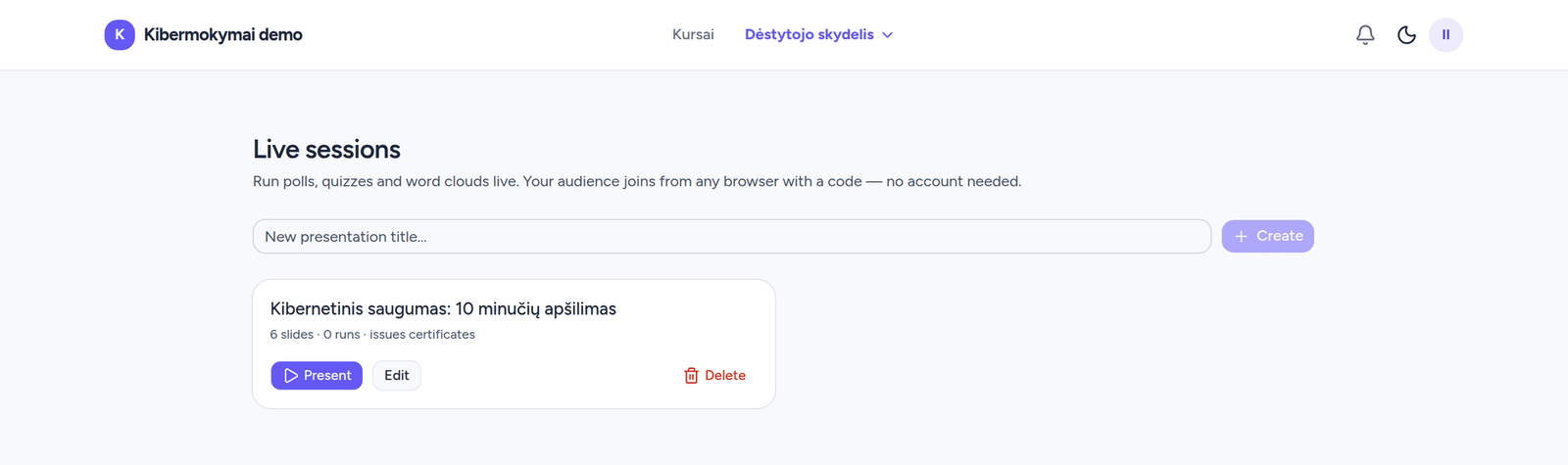 Gyvų užsiėmimų sąrašas su rinkiniu „Kibernetinis saugumas: 10&nbsp;minučių apšilimas“ ir mygtukais „Present“ bei „Edit“